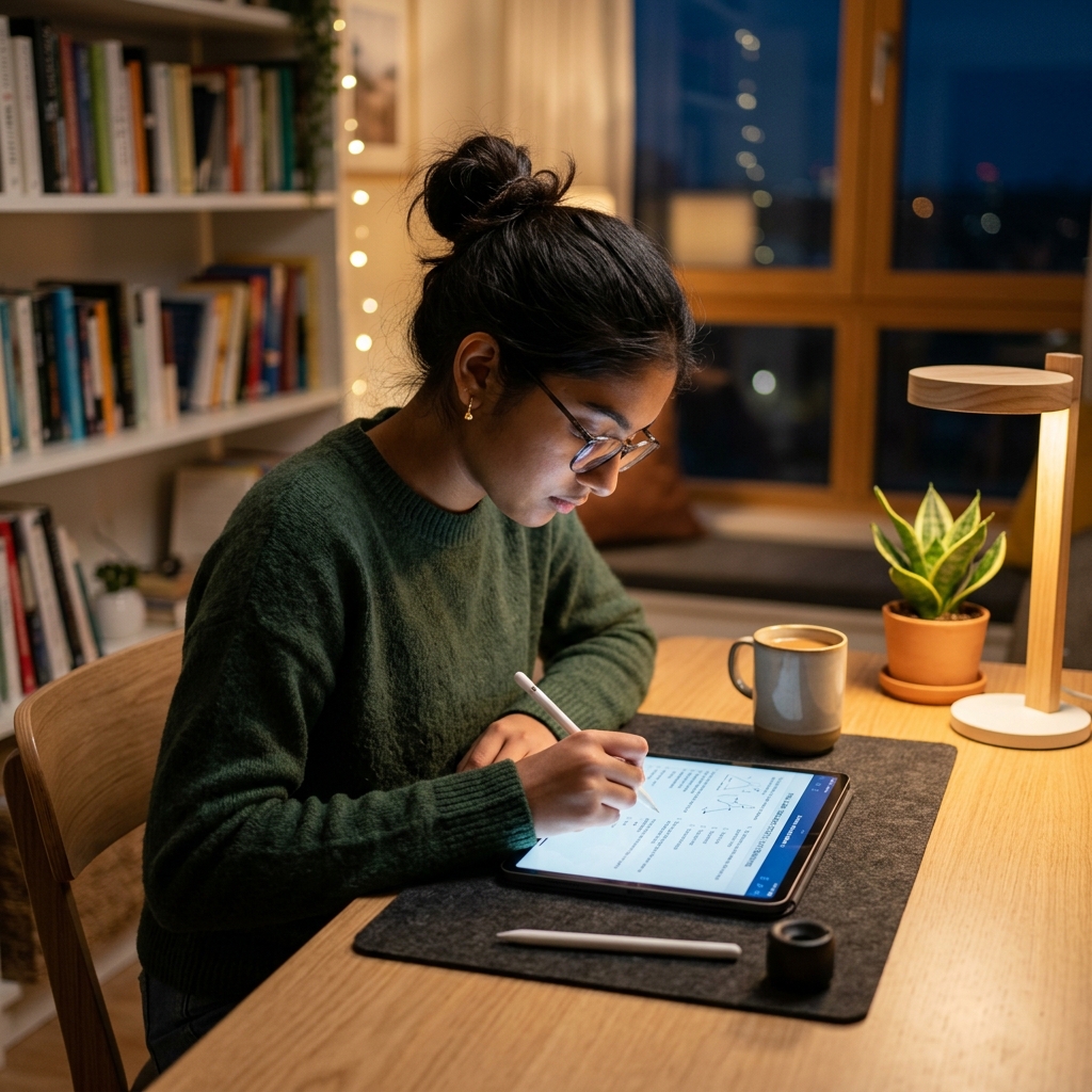 Student studying on app background
